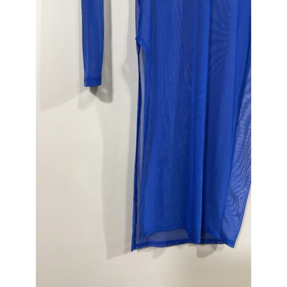 Womens Sheer Mesh Midi Dress M Blue Side Slit Mock Neck Club Rave Party Brat - Picture 2 of 6